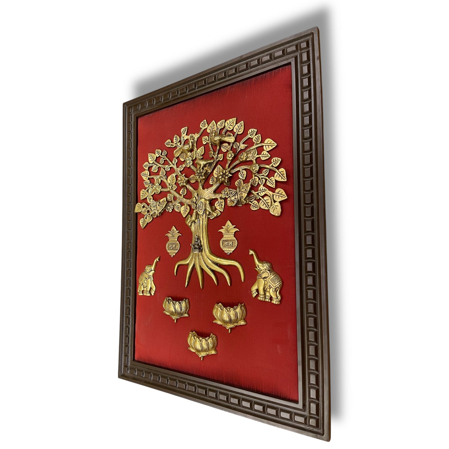 Brass Kalpavriksha with Kamadhenu & Lotus – Sacred Wall Art on Red Backdrop