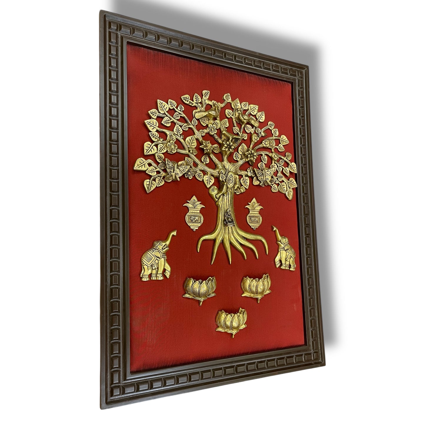 Brass Kalpavriksha with Kamadhenu & Lotus – Sacred Wall Art on Red Backdrop