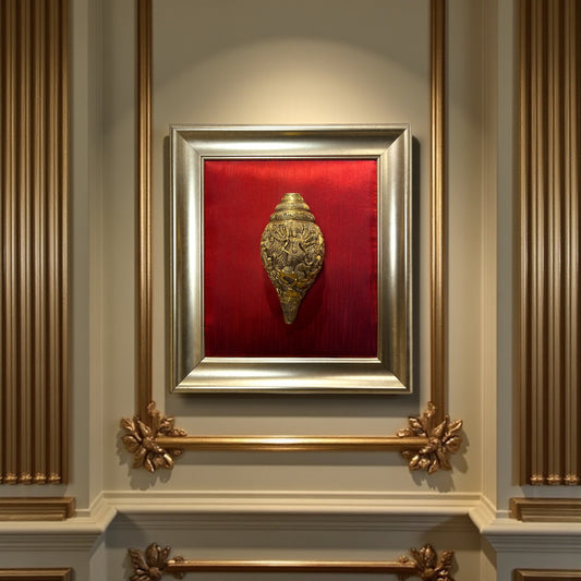 Maa Tripura Sundari Shankh with Ganesh and Kartikeya, set in an antique god frame with a wine-red silk backdrop, brass