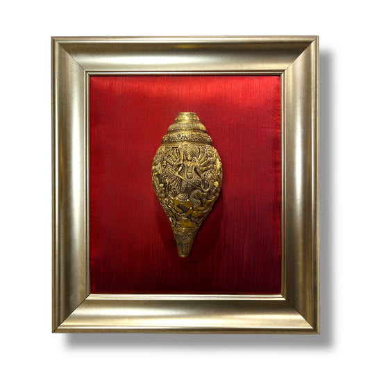 Maa Tripura Sundari Shankh with Ganesh and Kartikeya, set in an antique god frame with a wine-red silk backdrop, brass