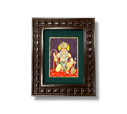 Hand-Painted Hanuman Tanjore Painting – Blessing Pose | Wooden Frame with Silk Mount (Green, Orange, Blue, Red)