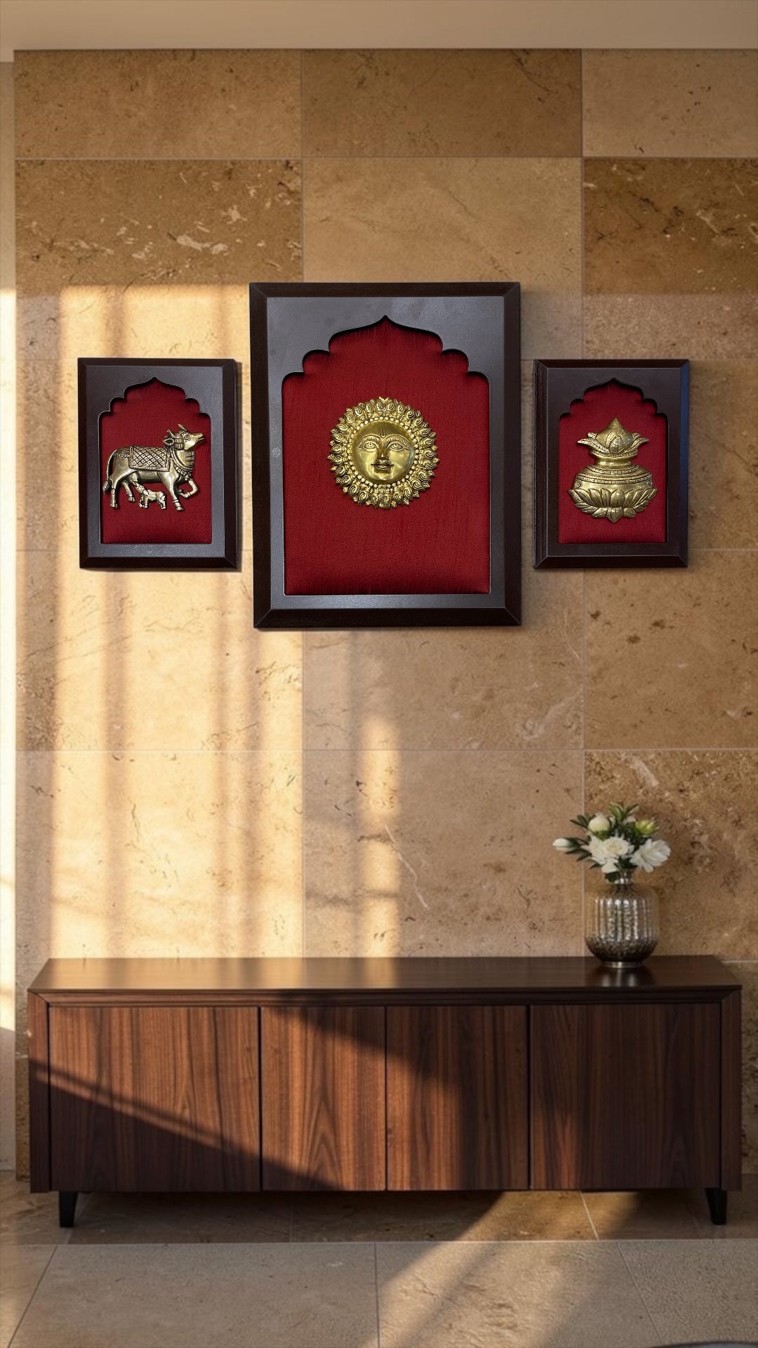 Brass Sun, Kamadhenu & Kalash Wall Art Set of 3 | Red Silk Wooden Frame