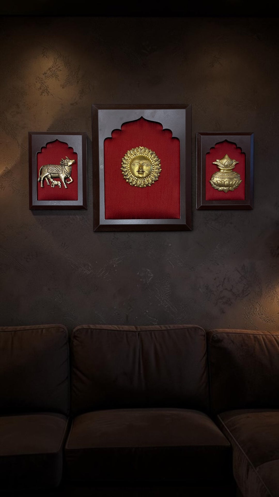 Brass Sun, Kamadhenu & Kalash Wall Art Set of 3 | Red Silk Wooden Frame