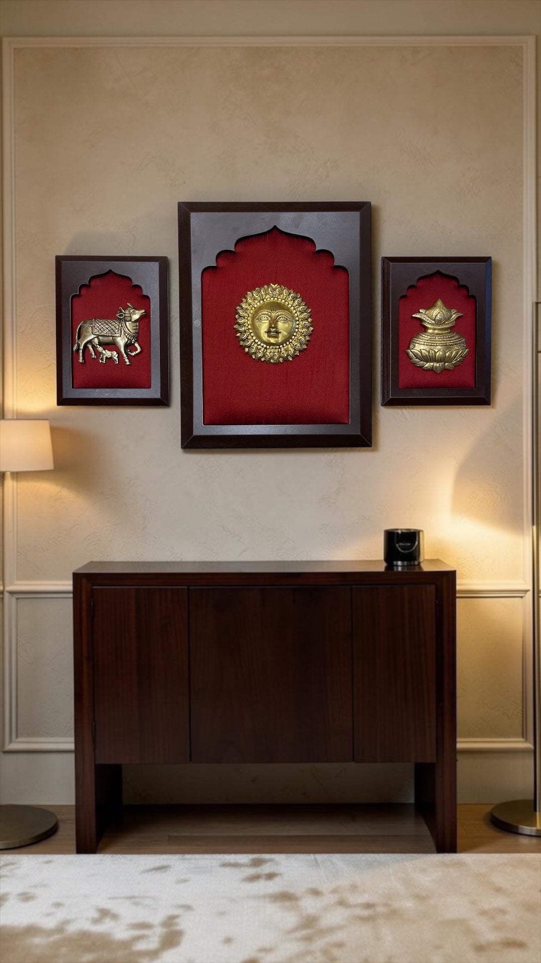 Brass Sun, Kamadhenu & Kalash Wall Art Set of 3 | Red Silk Wooden Frame