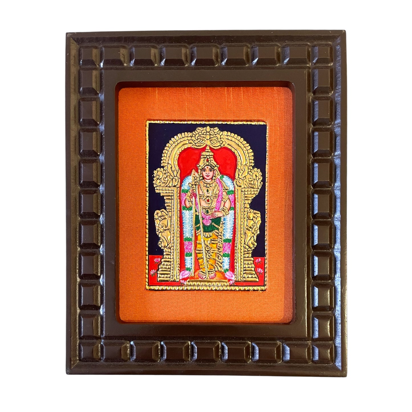 Thiruchendur Murugan Tanjore Painting with Handcrafted Wooden Frame(Orange,Red,Indigo Blue,White,Rama green)