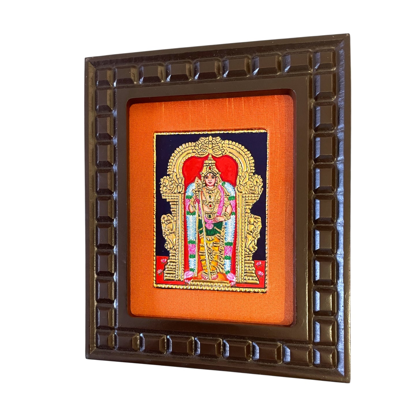 Thiruchendur Murugan Tanjore Painting with Handcrafted Wooden Frame(Orange,Red,Indigo Blue,White,Rama green)