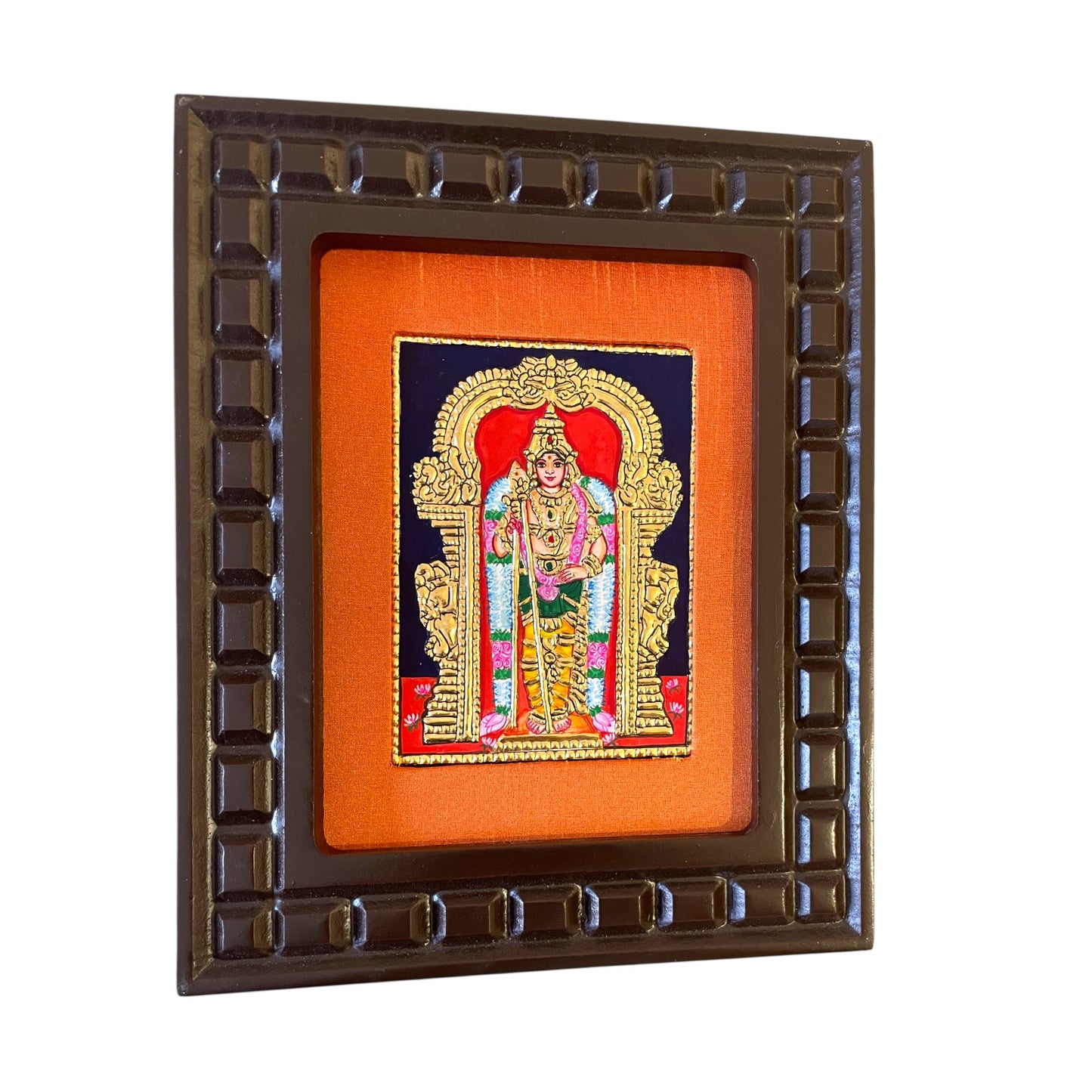 Thiruchendur Murugan Tanjore Painting with Handcrafted Wooden Frame(Orange,Red,Indigo Blue,White,Rama green)