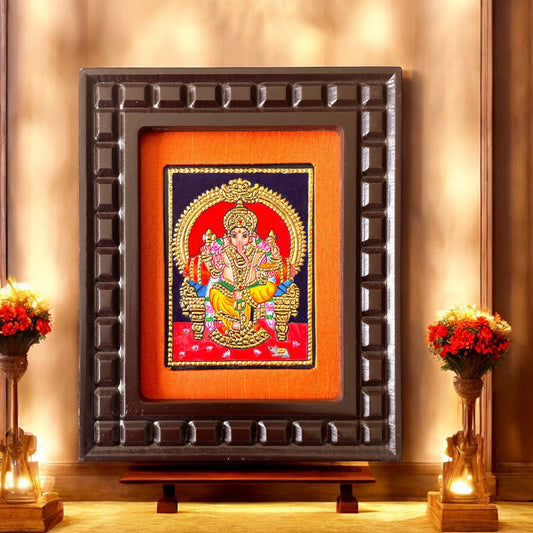 Hand-Painted Lord Ganesha Tanjore Painting – Seated on Throne | Wooden Frame with Silk Mount (Green, Orange, Blue, Red, White)
