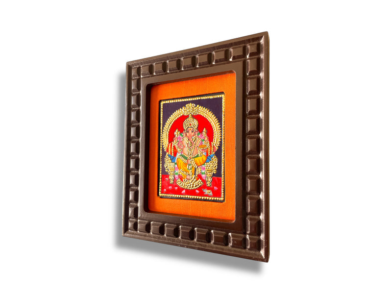 Hand-Painted Lord Ganesha Tanjore Painting – Seated on Throne | Wooden Frame with Silk Mount (Green, Orange, Blue, Red, White)