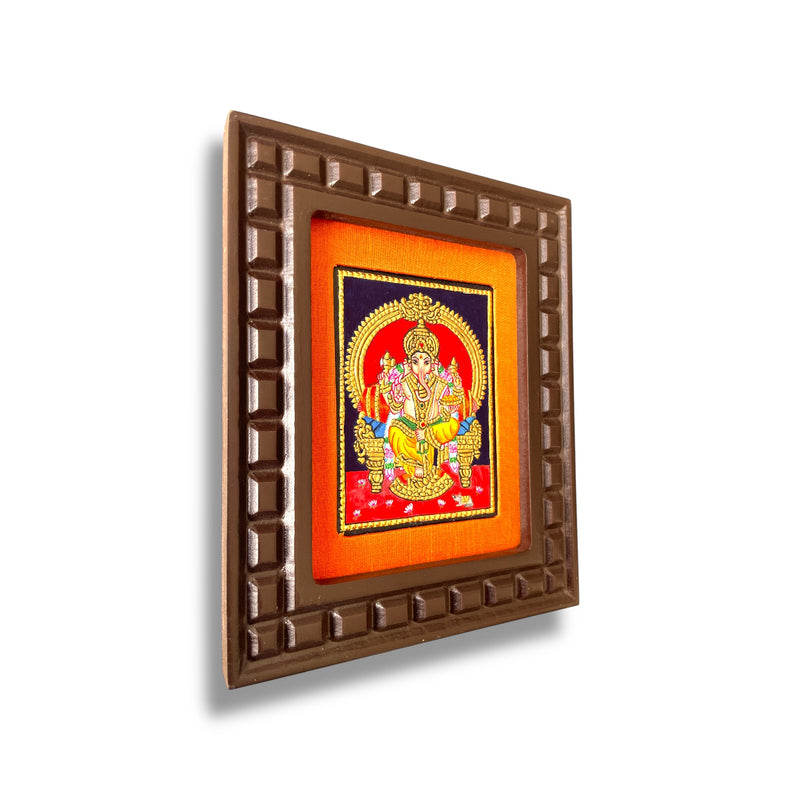 Hand-Painted Lord Ganesha Tanjore Painting – Seated on Throne | Wooden Frame with Silk Mount (Green, Orange, Blue, Red, White)