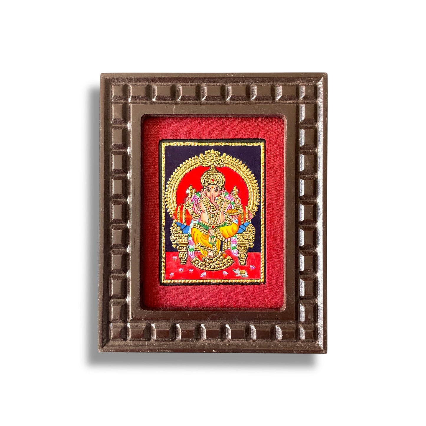 Hand-Painted Lord Ganesha Tanjore Painting – Seated on Throne | Wooden Frame with Silk Mount (Green, Orange, Blue, Red, White)