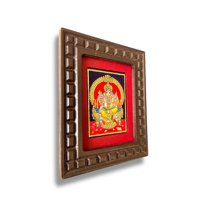 Hand-Painted Lord Ganesha Tanjore Painting – Seated on Throne | Wooden Frame with Silk Mount (Green, Orange, Blue, Red, White)