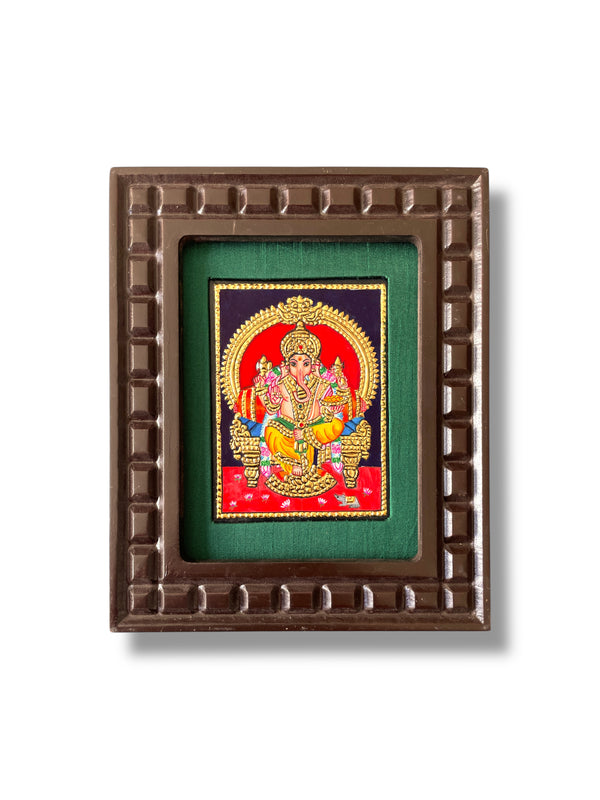 Hand-Painted Lord Ganesha Tanjore Painting – Seated on Throne | Wooden Frame with Silk Mount (Green, Orange, Blue, Red, White)