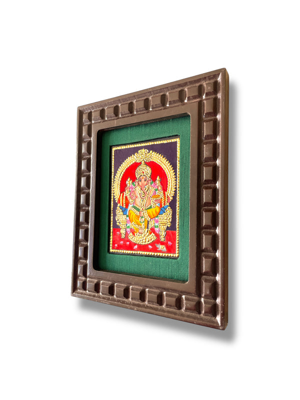 Hand-Painted Lord Ganesha Tanjore Painting – Seated on Throne | Wooden Frame with Silk Mount (Green, Orange, Blue, Red, White)