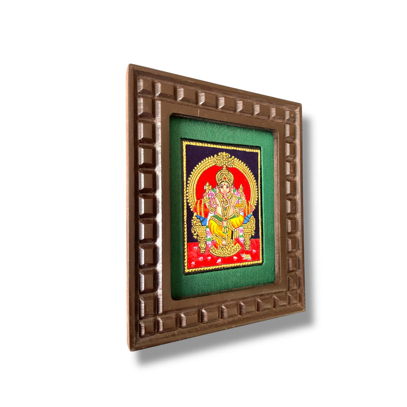 Hand-Painted Lord Ganesha Tanjore Painting – Seated on Throne | Wooden Frame with Silk Mount (Green, Orange, Blue, Red, White)