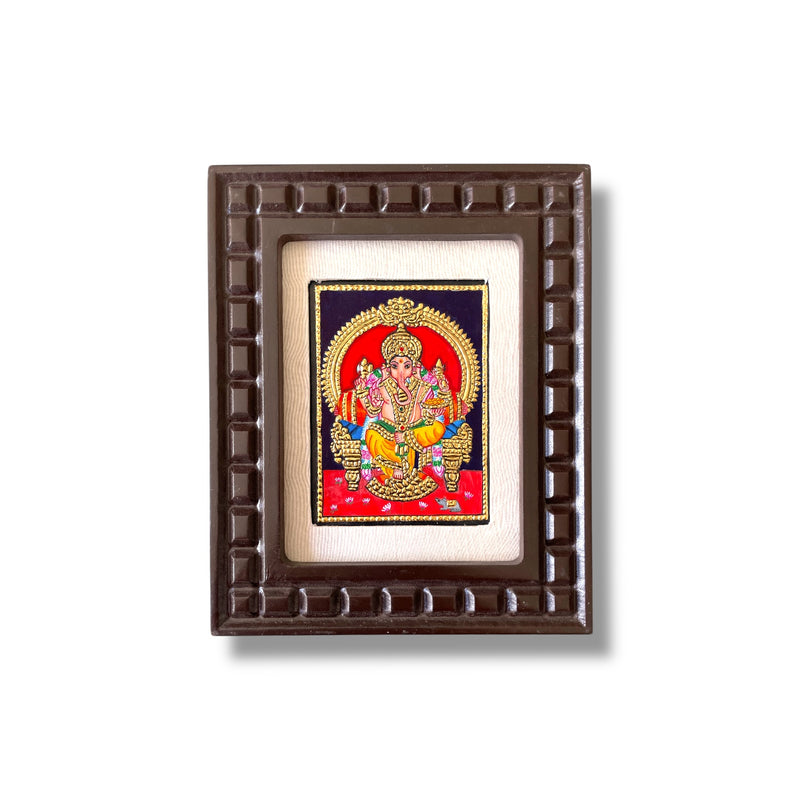 Hand-Painted Lord Ganesha Tanjore Painting – Seated on Throne | Wooden Frame with Silk Mount (Green, Orange, Blue, Red, White)