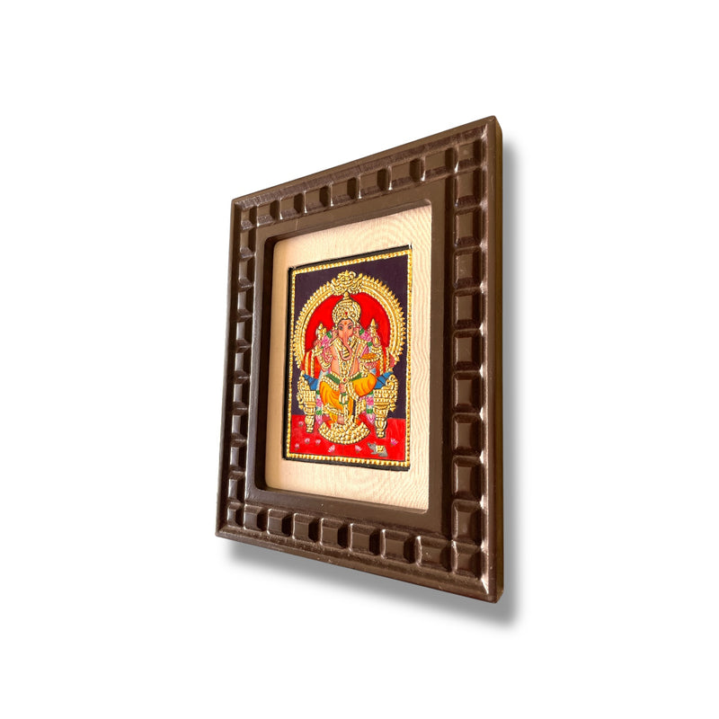 Hand-Painted Lord Ganesha Tanjore Painting – Seated on Throne | Wooden Frame with Silk Mount (Green, Orange, Blue, Red, White)