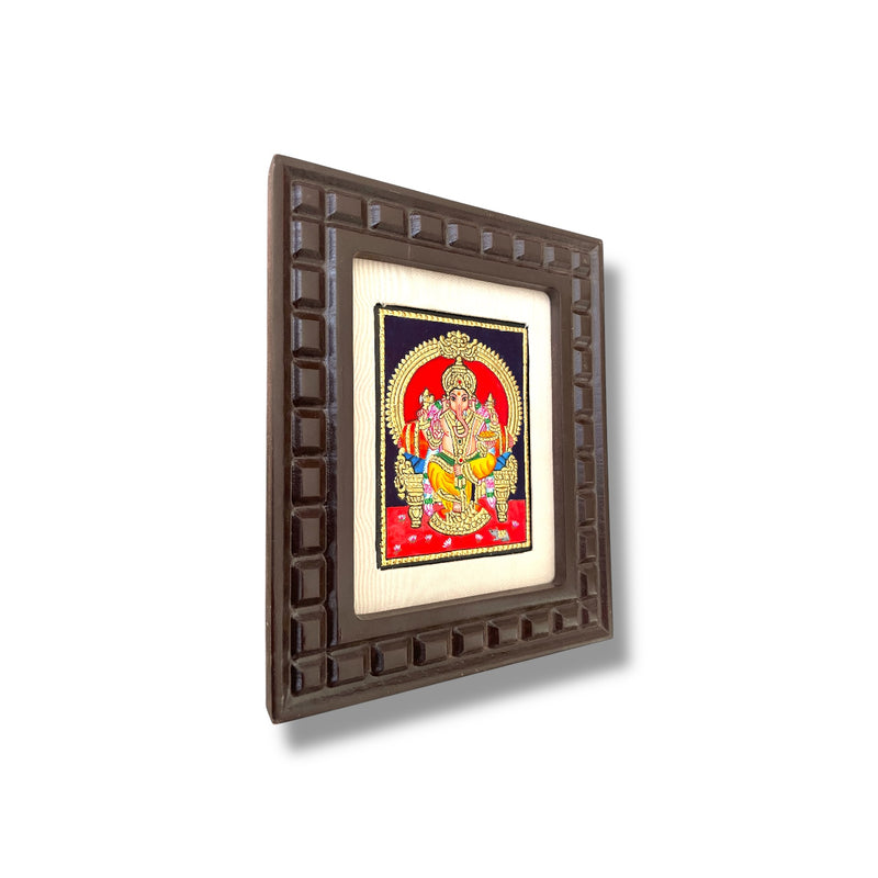 Hand-Painted Lord Ganesha Tanjore Painting – Seated on Throne | Wooden Frame with Silk Mount (Green, Orange, Blue, Red, White)
