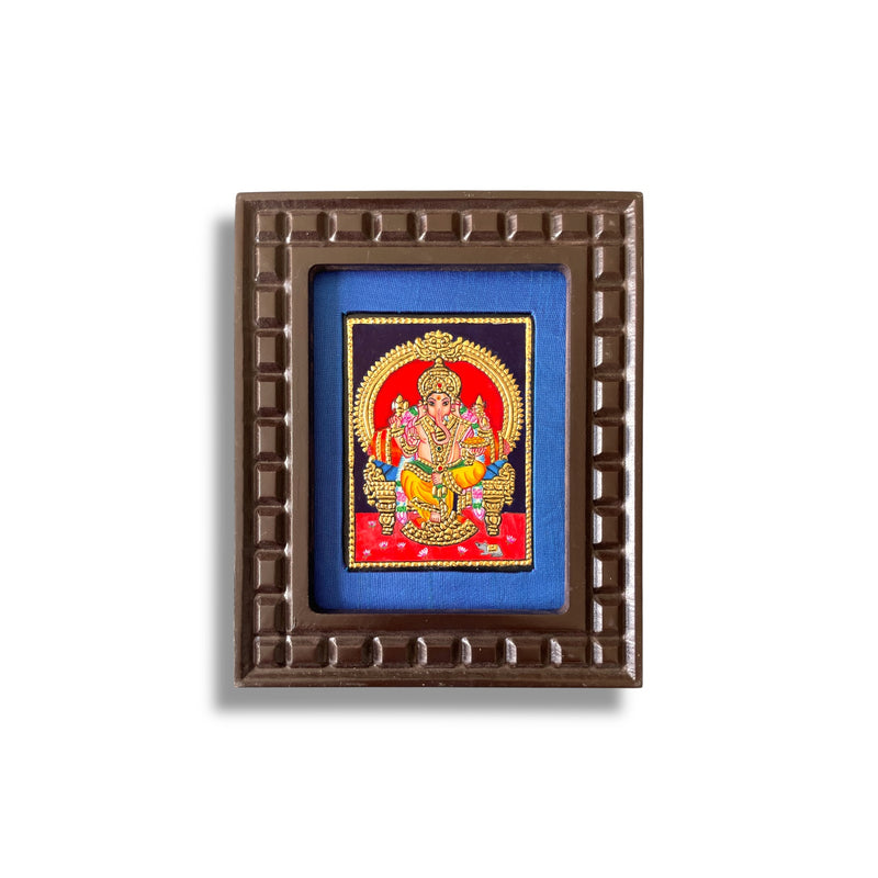 Hand-Painted Lord Ganesha Tanjore Painting – Seated on Throne | Wooden Frame with Silk Mount (Green, Orange, Blue, Red, White)