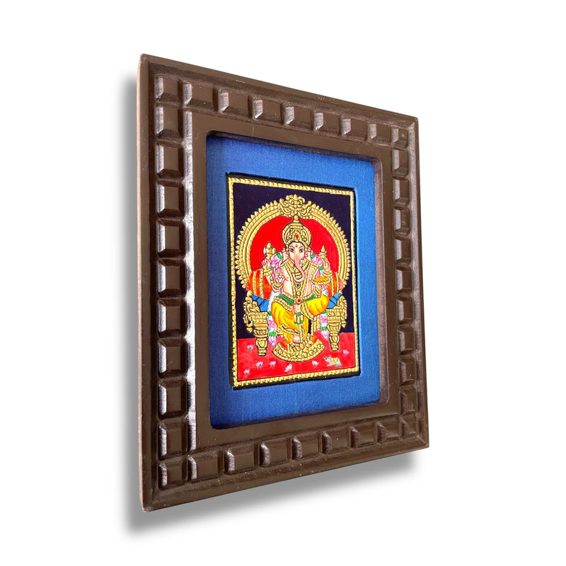 Hand-Painted Lord Ganesha Tanjore Painting – Seated on Throne | Wooden Frame with Silk Mount (Green, Orange, Blue, Red, White)