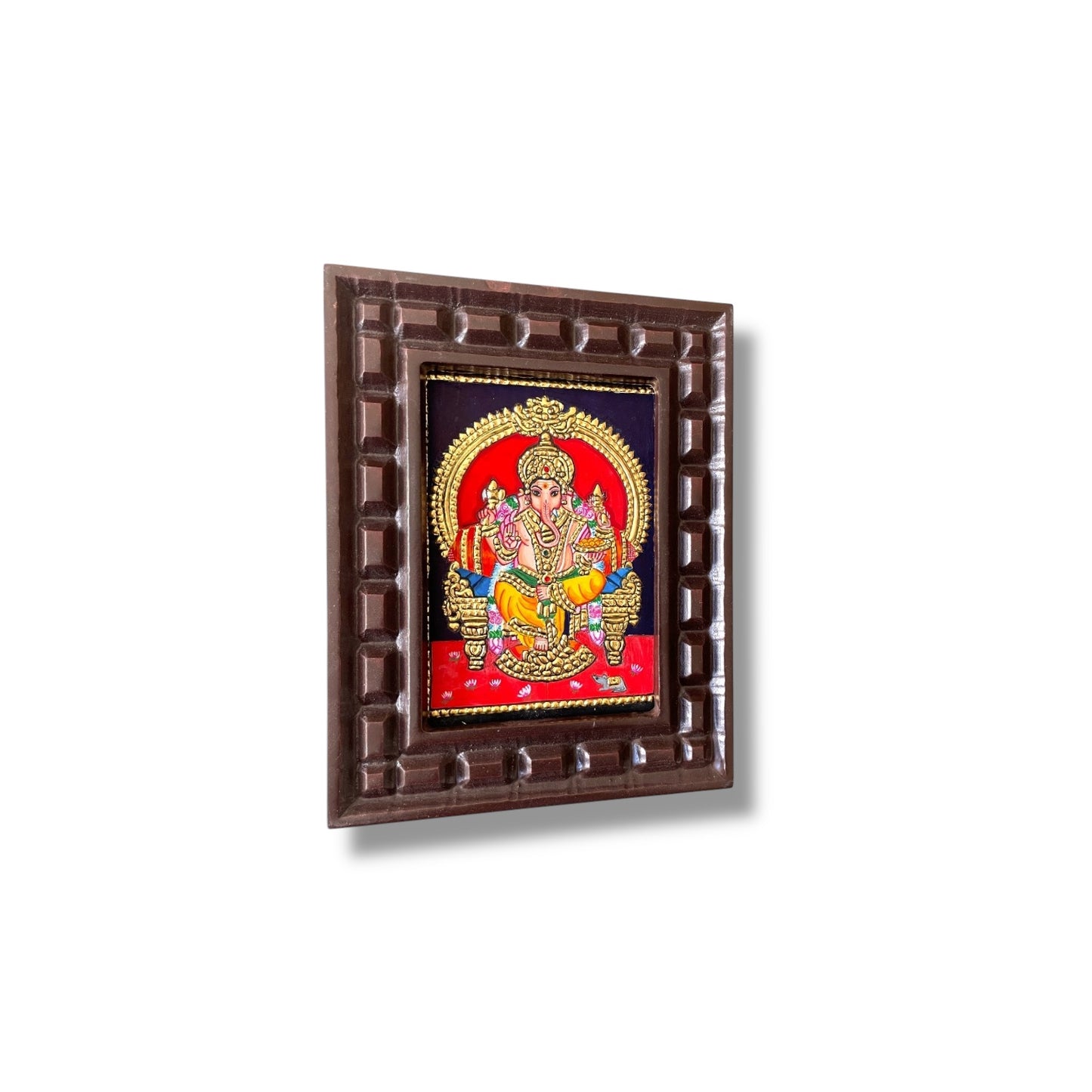Hand-Painted Lord Ganesha Tanjore Painting – Seated on Throne | Wooden Frame Without Silk Mount