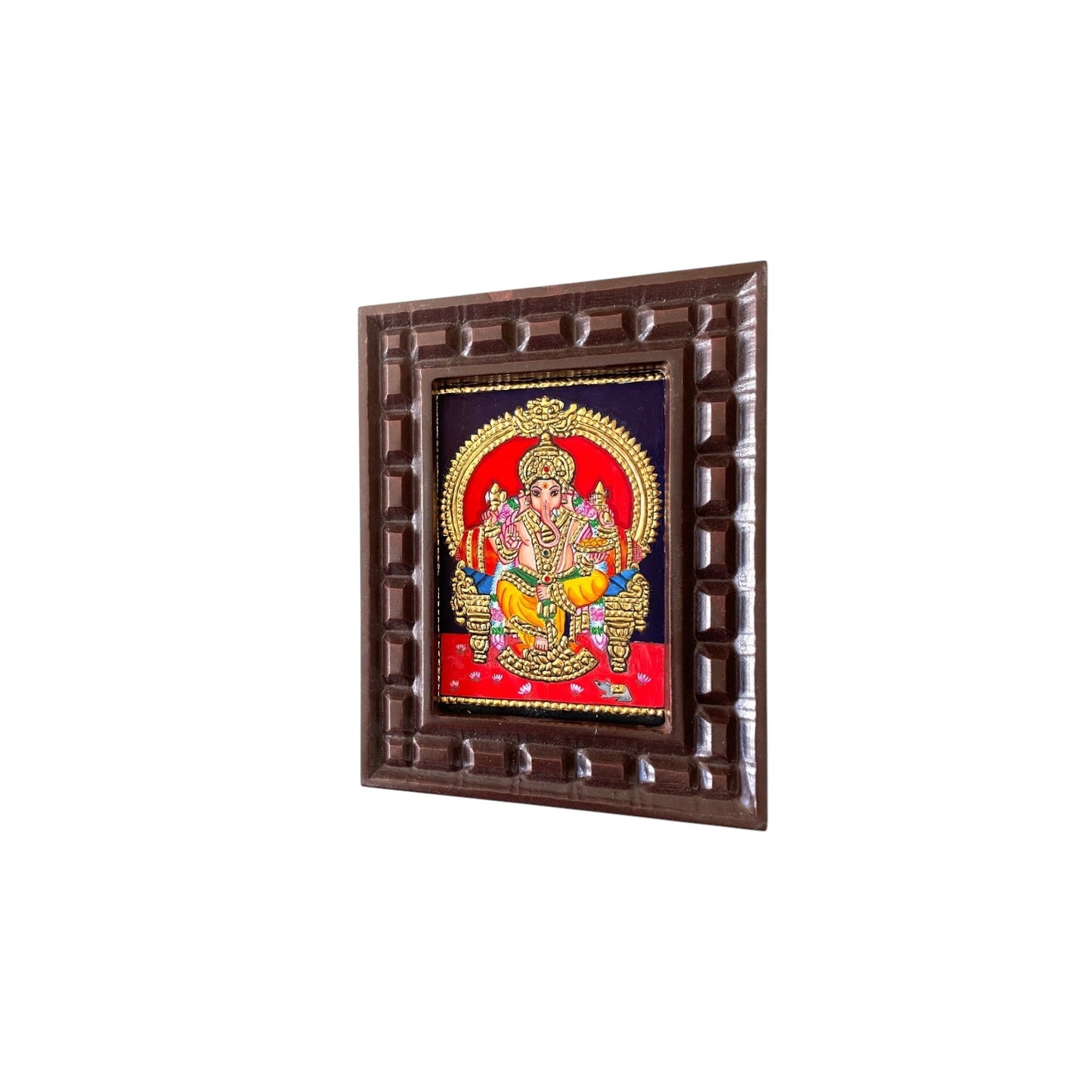 Hand-Painted Lord Ganesha Tanjore Painting – Seated on Throne | Wooden Frame Without Silk Mount