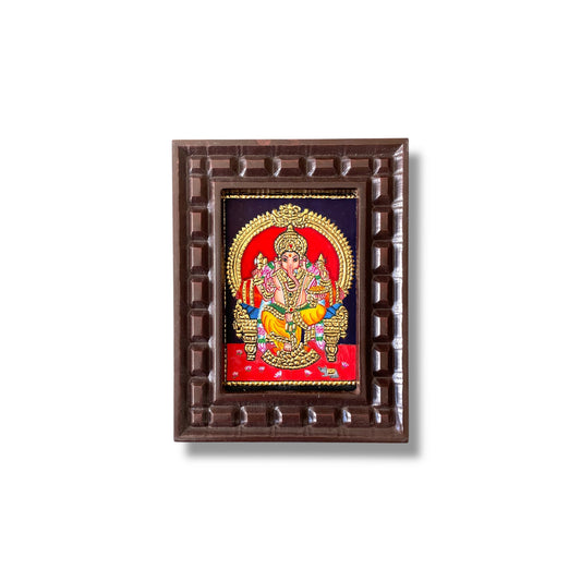 Hand-Painted Lord Ganesha Tanjore Painting – Seated on Throne | Wooden Frame Without Silk Mount