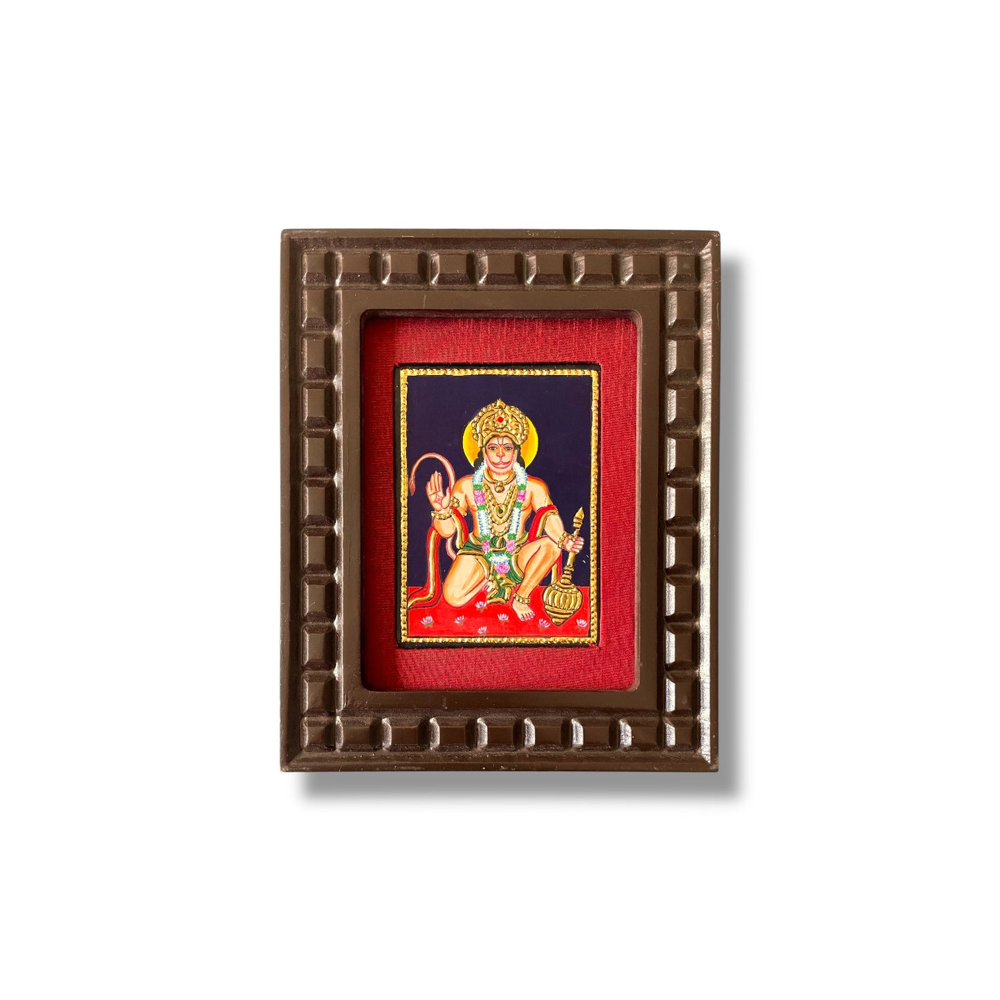 Hand-Painted Hanuman Tanjore Painting – Blessing Pose | Wooden Frame with Silk Mount (Green, Orange, Blue, Red)