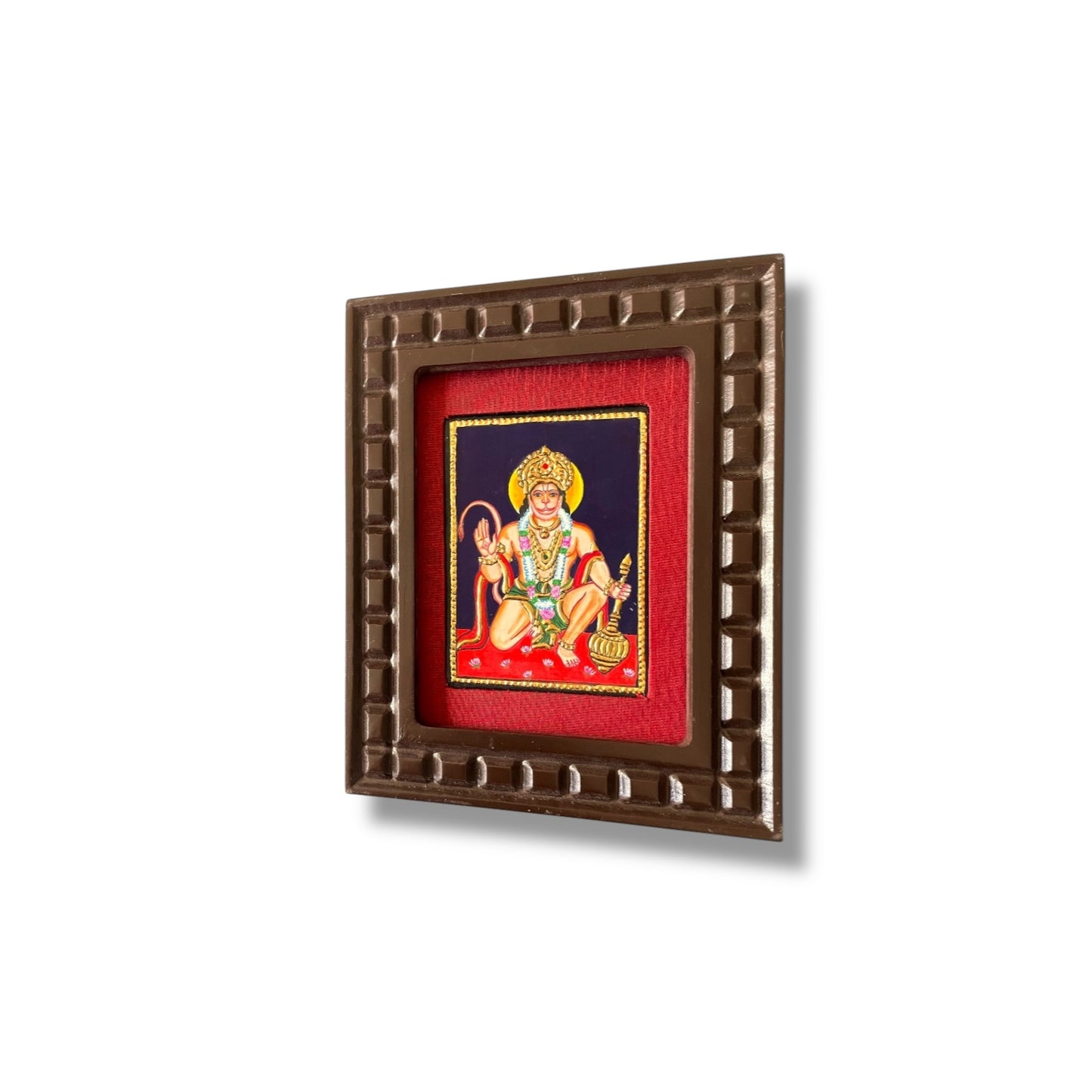 Hand-Painted Hanuman Tanjore Painting – Blessing Pose | Wooden Frame with Silk Mount (Green, Orange, Blue, Red)