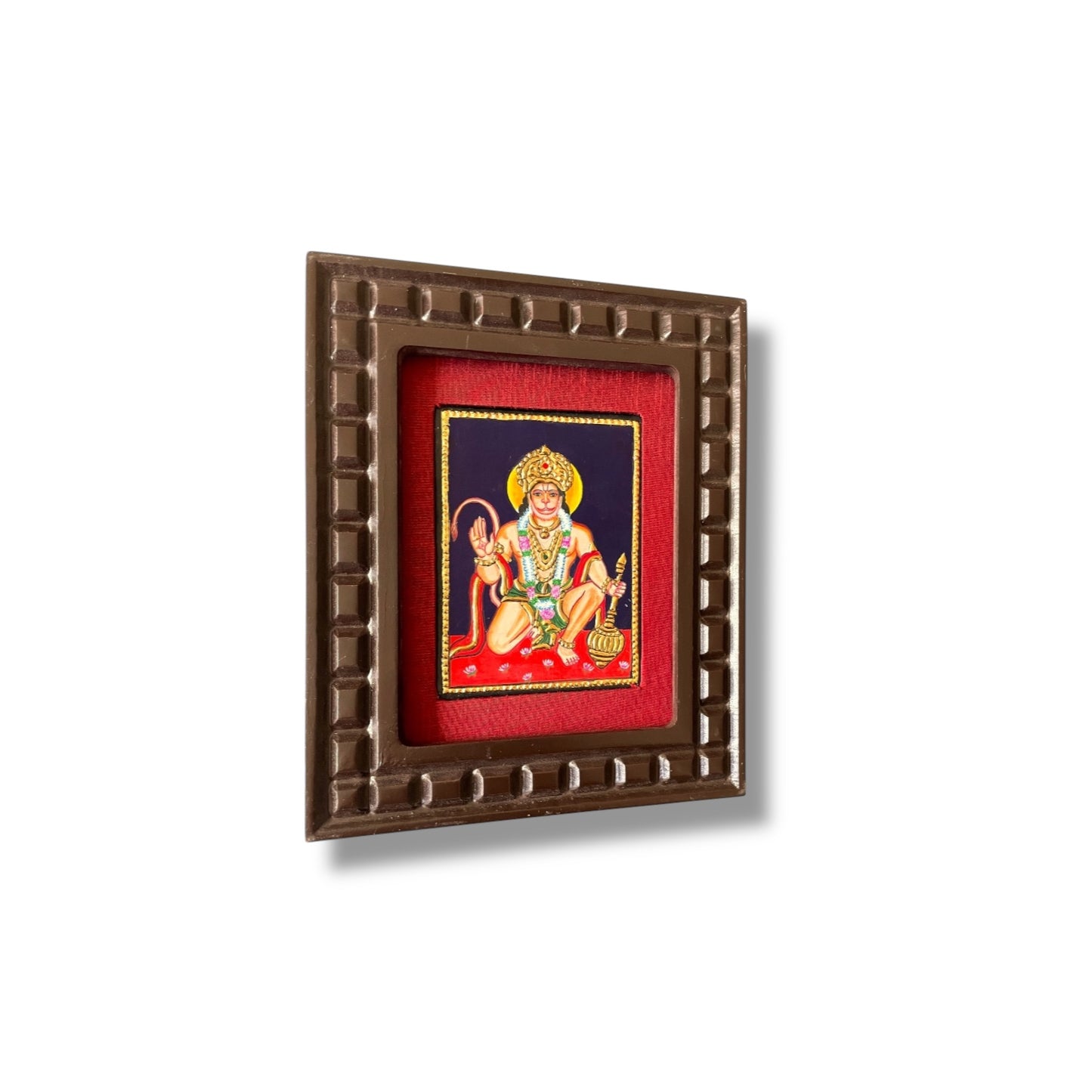 Hand-Painted Hanuman Tanjore Painting – Blessing Pose | Wooden Frame with Silk Mount (Green, Orange, Blue, Red)