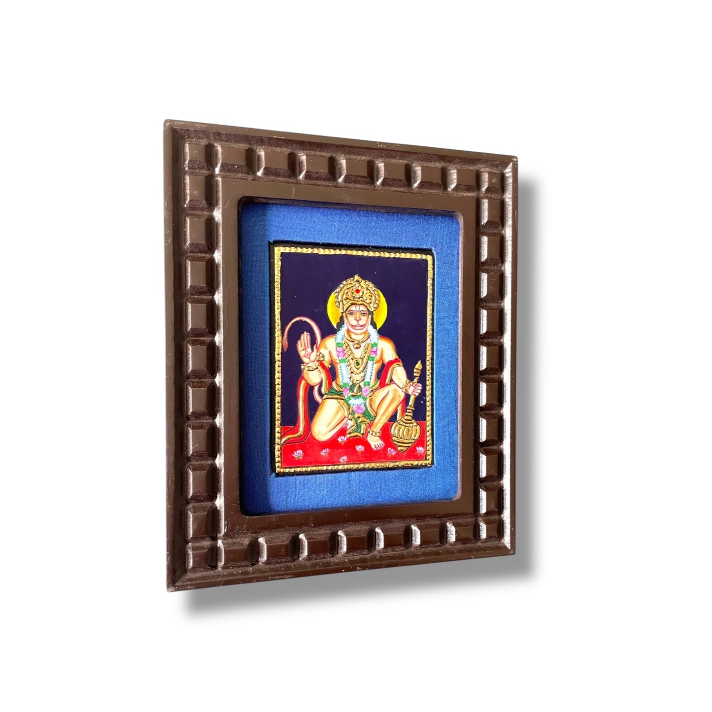 Hand-Painted Hanuman Tanjore Painting – Blessing Pose | Wooden Frame with Silk Mount (Green, Orange, Blue, Red)