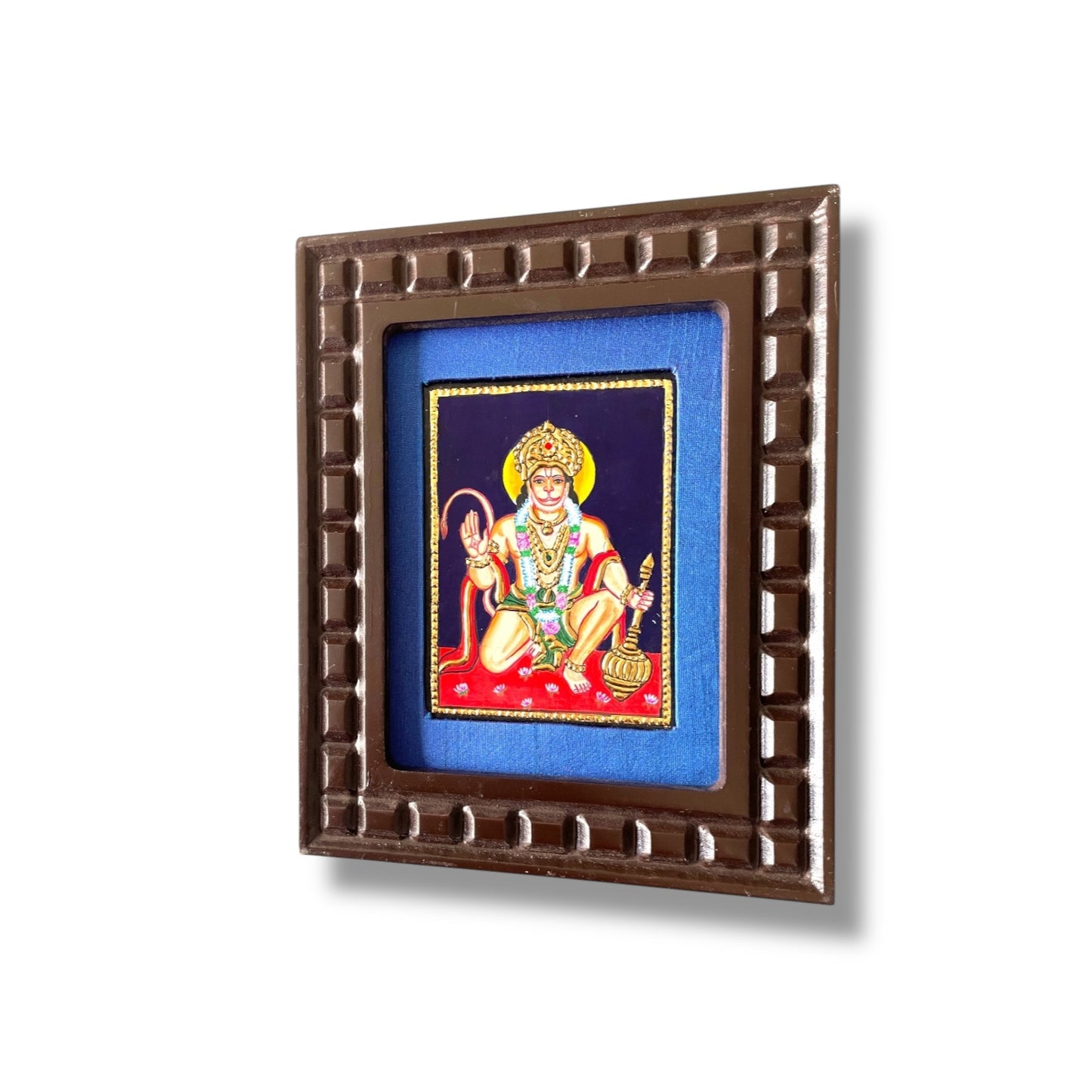Hand-Painted Hanuman Tanjore Painting – Blessing Pose | Wooden Frame with Silk Mount (Green, Orange, Blue, Red)
