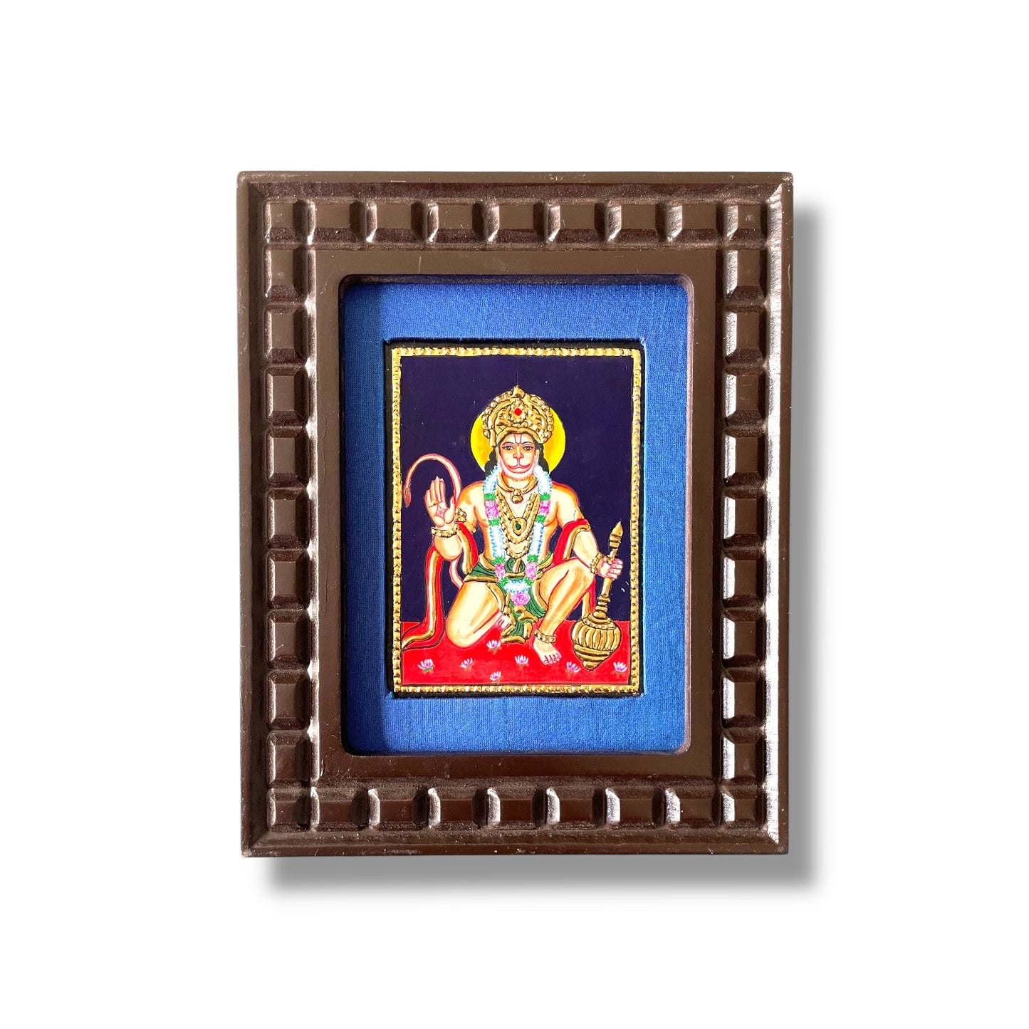 Hand-Painted Hanuman Tanjore Painting – Blessing Pose | Wooden Frame with Silk Mount (Green, Orange, Blue, Red)