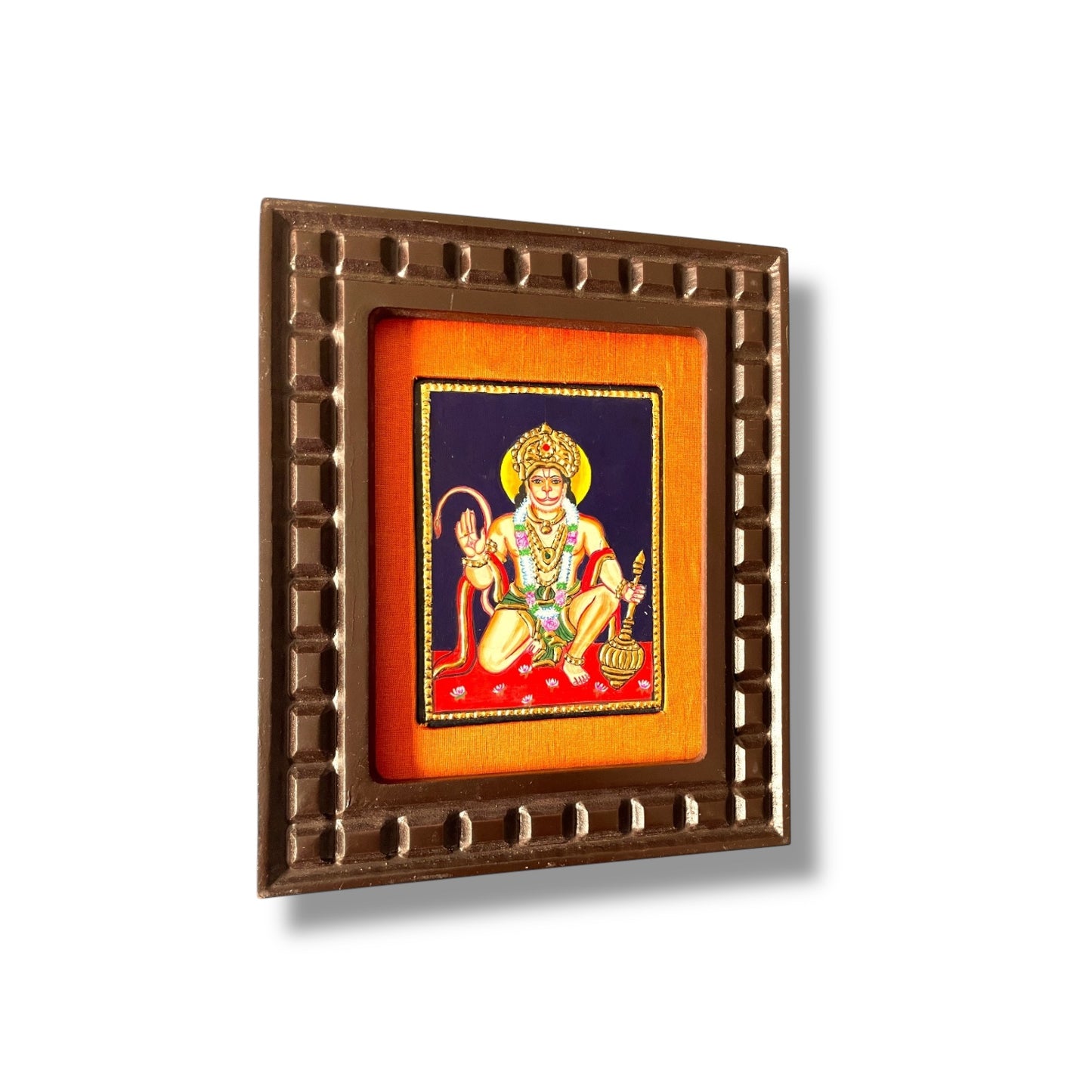 Hand-Painted Hanuman Tanjore Painting – Blessing Pose | Wooden Frame with Silk Mount (Green, Orange, Blue, Red)