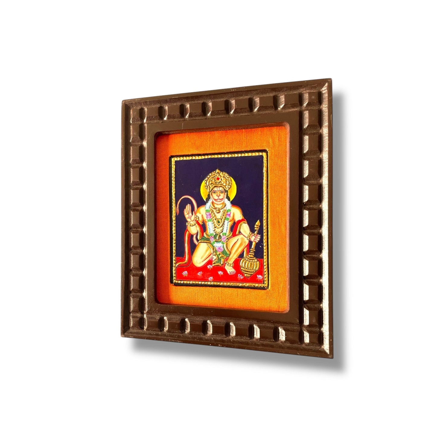 Hand-Painted Hanuman Tanjore Painting – Blessing Pose | Wooden Frame with Silk Mount (Green, Orange, Blue, Red)