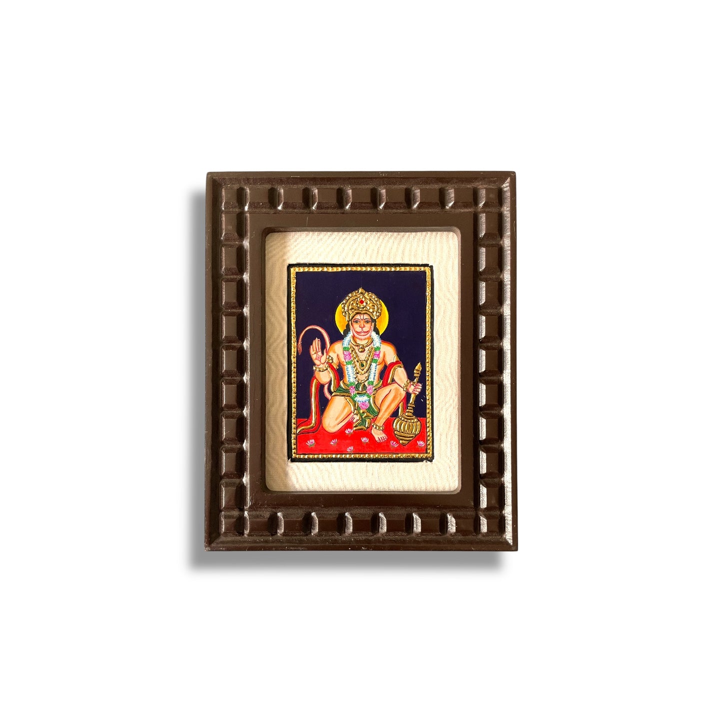 Hand-Painted Hanuman Tanjore Painting – Blessing Pose | Wooden Frame with Silk Mount (Green, Orange, Blue, Red)
