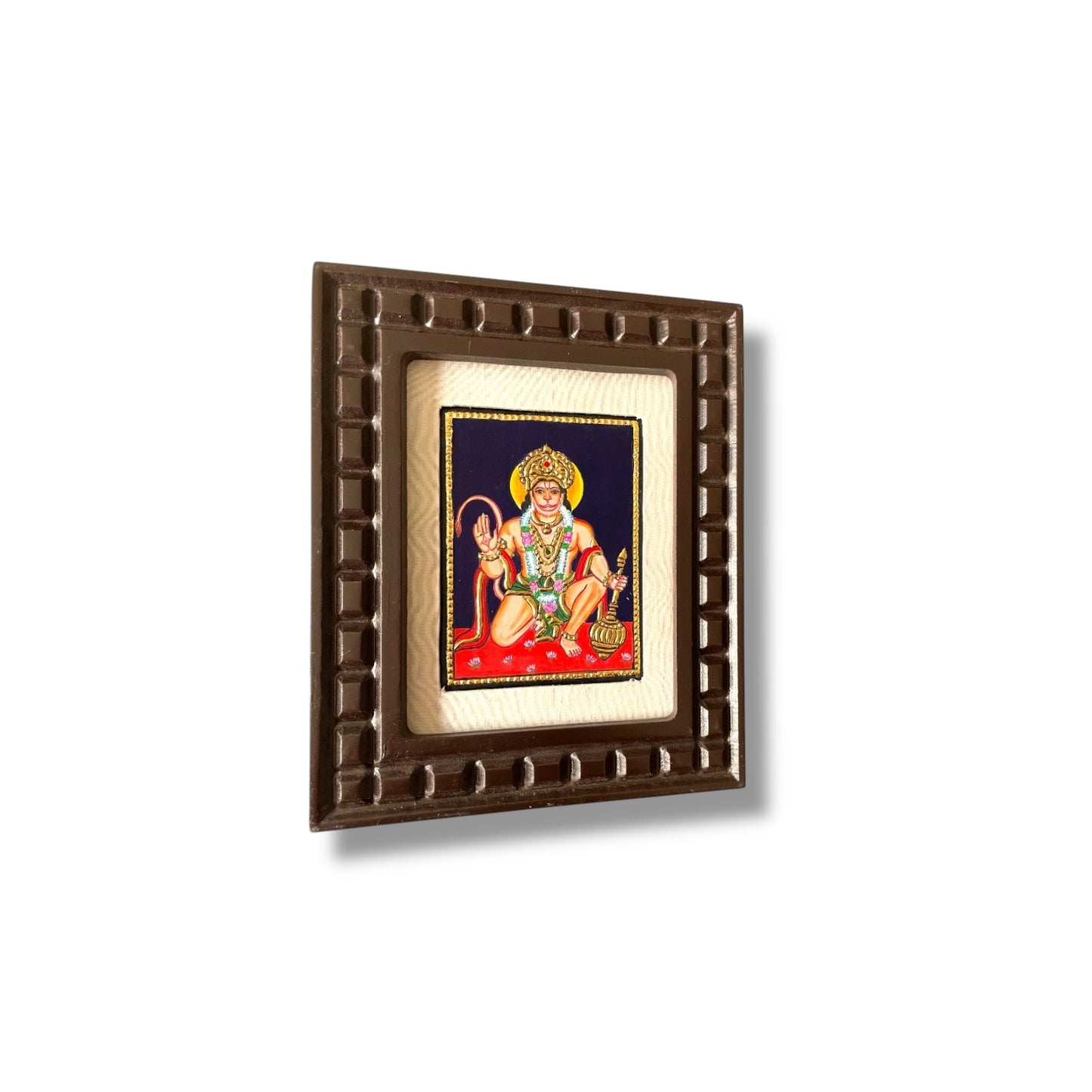 Hand-Painted Hanuman Tanjore Painting – Blessing Pose | Wooden Frame with Silk Mount (Green, Orange, Blue, Red)