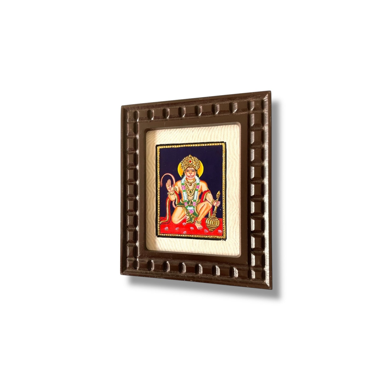 Hand-Painted Hanuman Tanjore Painting – Blessing Pose | Wooden Frame with Silk Mount (Green, Orange, Blue, Red)