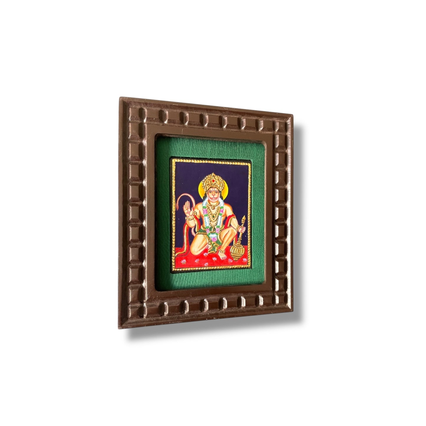 Hand-Painted Hanuman Tanjore Painting – Blessing Pose | Wooden Frame with Silk Mount (Green, Orange, Blue, Red)
