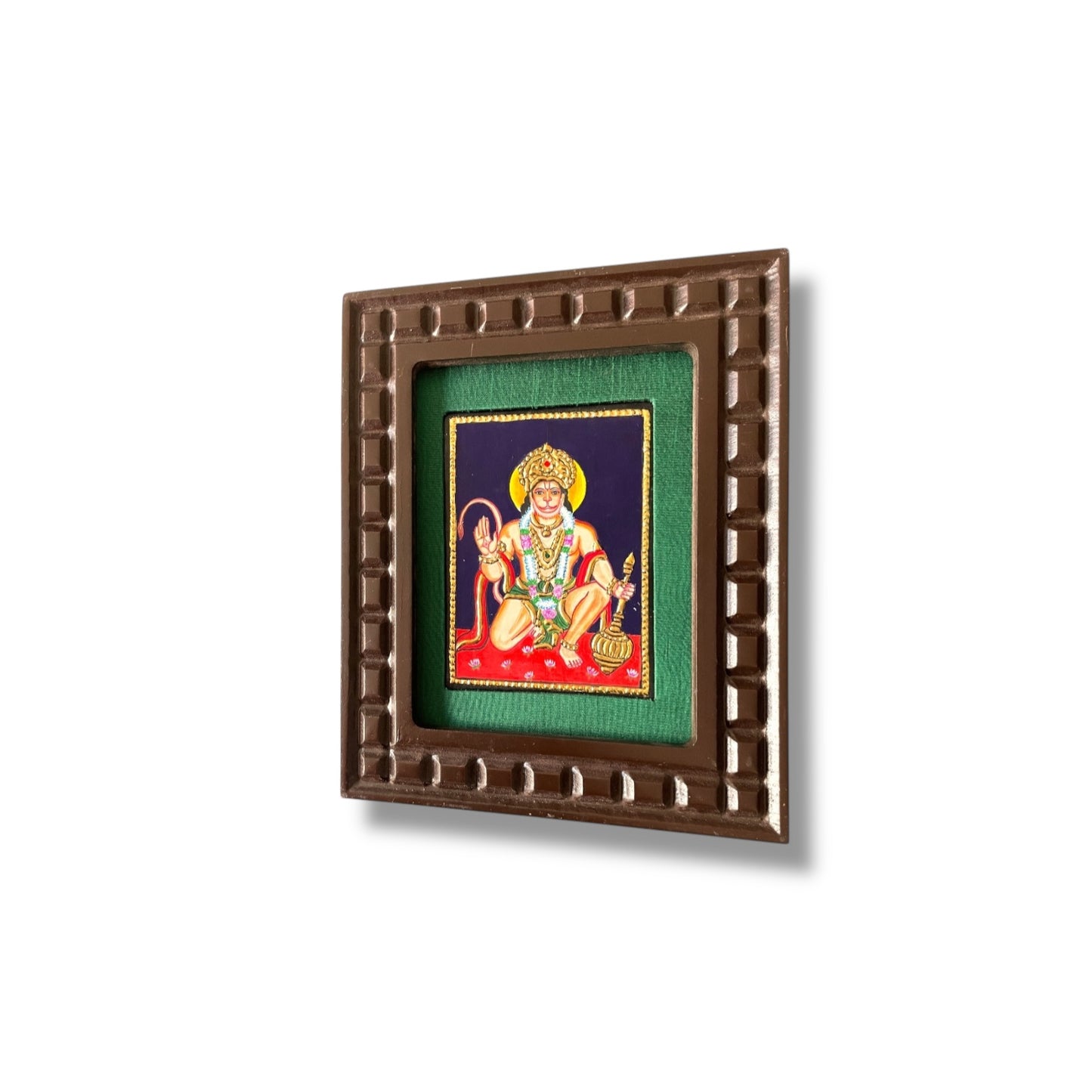 Hand-Painted Hanuman Tanjore Painting – Blessing Pose | Wooden Frame with Silk Mount (Green, Orange, Blue, Red)