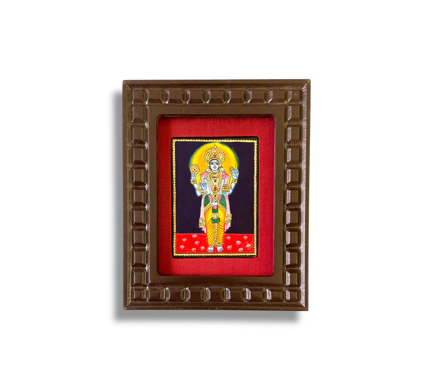 Lord Vishnu Tanjore Painting with Red, Rama Green, Indigo Blue, Orange and White Accents