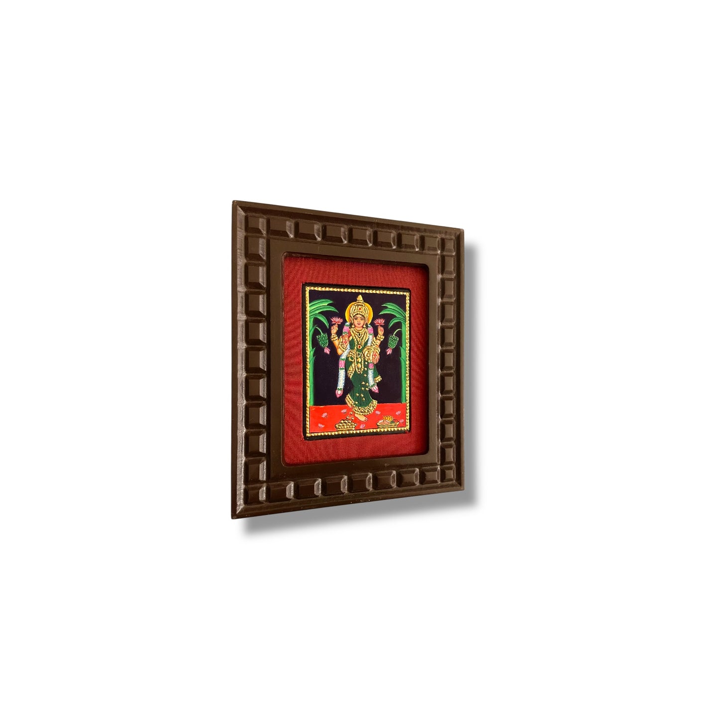 Goddess Lakshmi Tanjore Painting with Red, Indigo Blue, Orange, Rama Green and White Accents