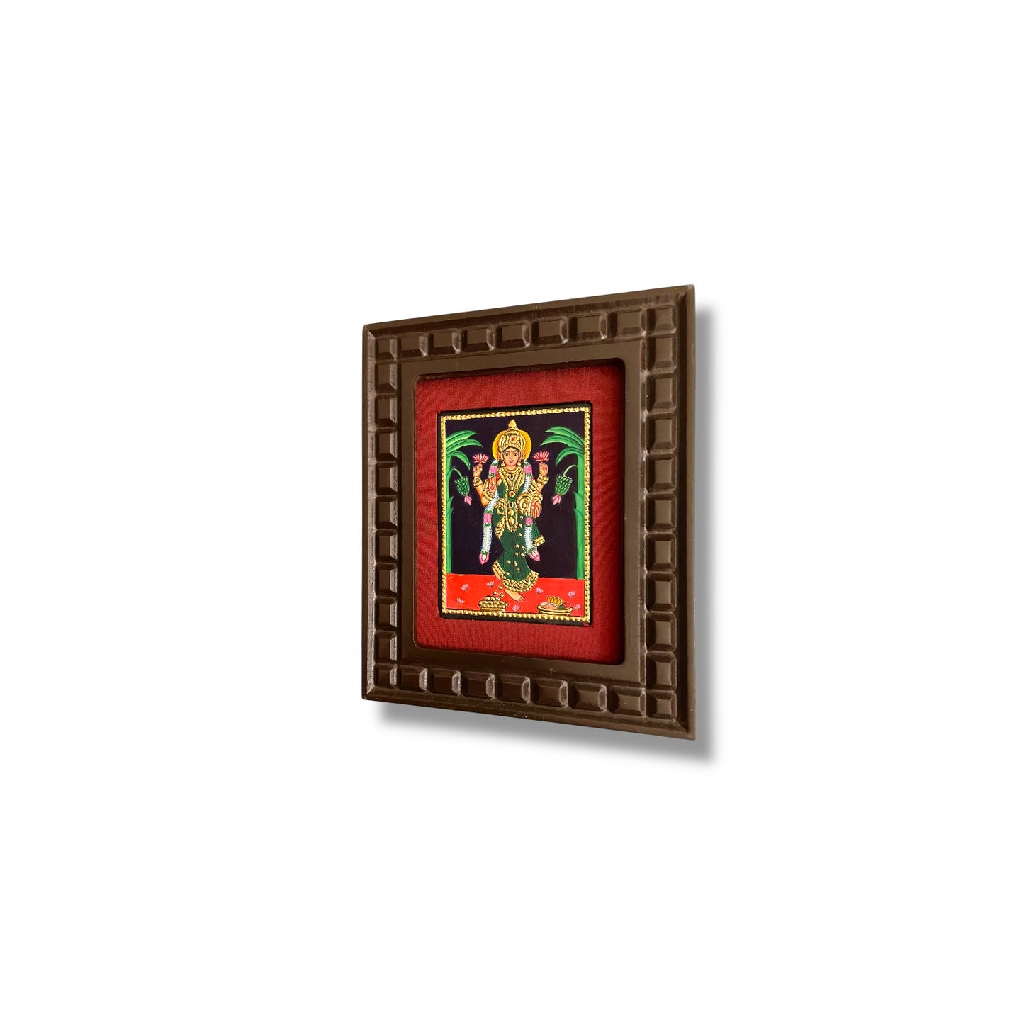 Goddess Lakshmi Tanjore Painting with Red, Indigo Blue, Orange, Rama Green and White Accents