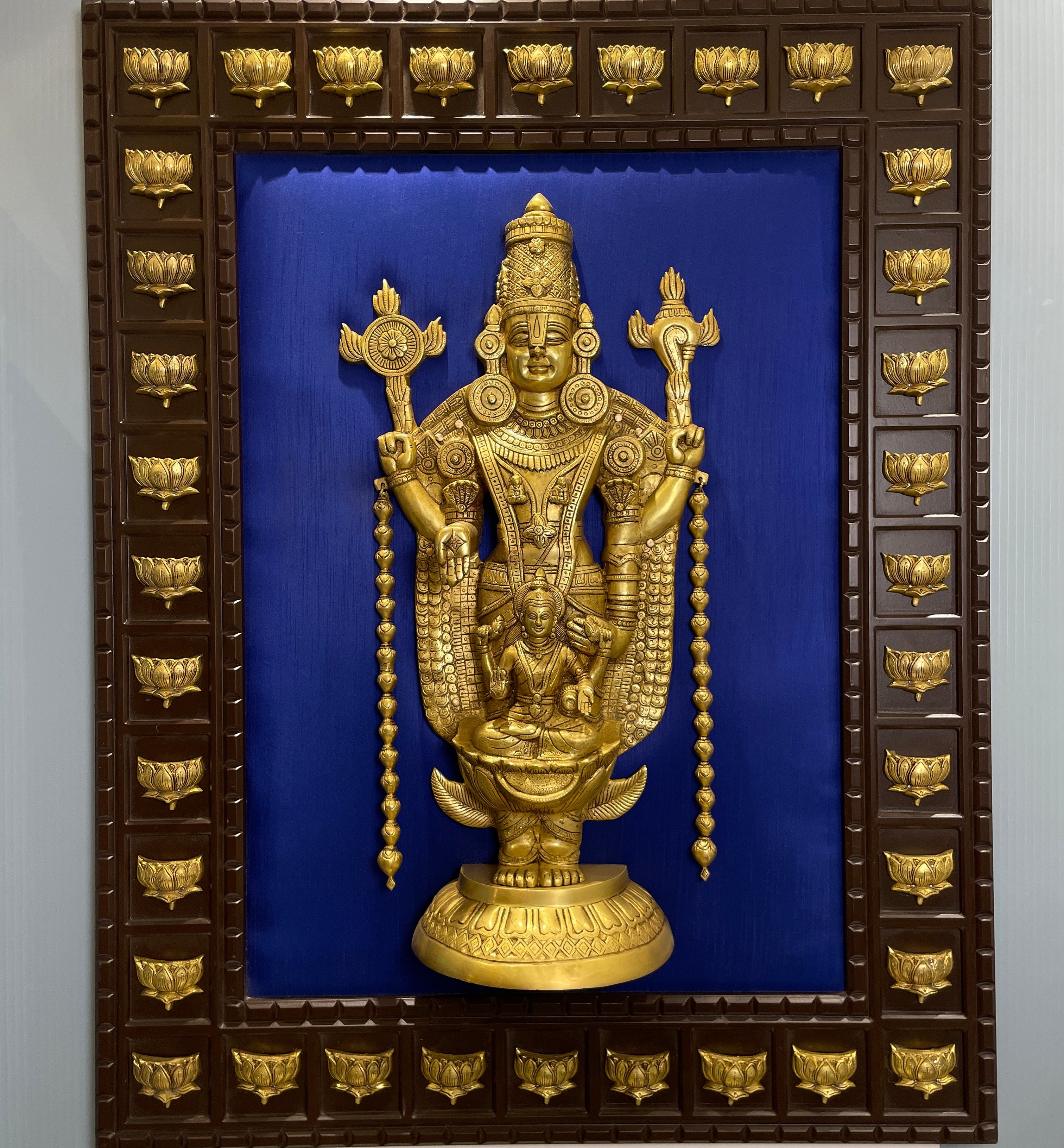 Tirupati Balaji Wall Art | Blue Silk Backdrop with 36 Brass Lotus | 37 x 47 Inches
