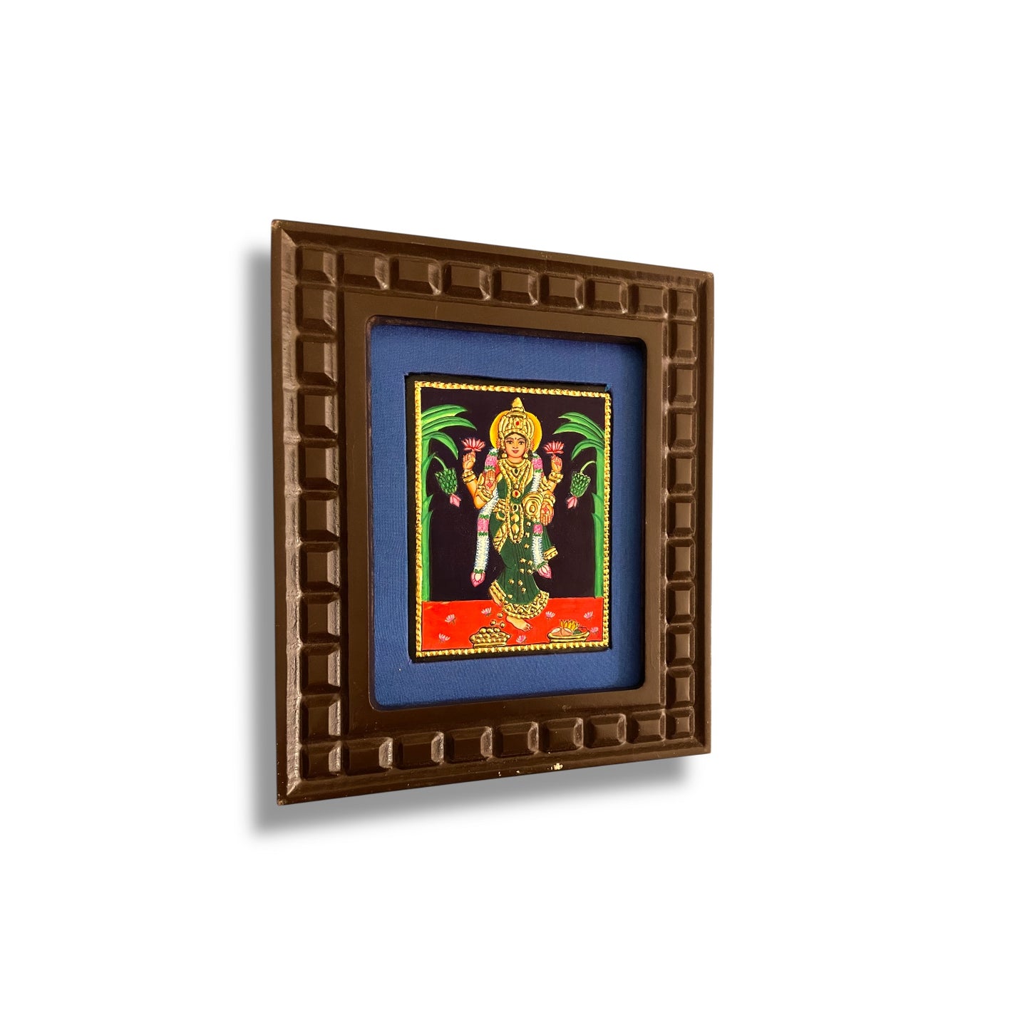 Goddess Lakshmi Tanjore Painting with Red, Indigo Blue, Orange, Rama Green and White Accents