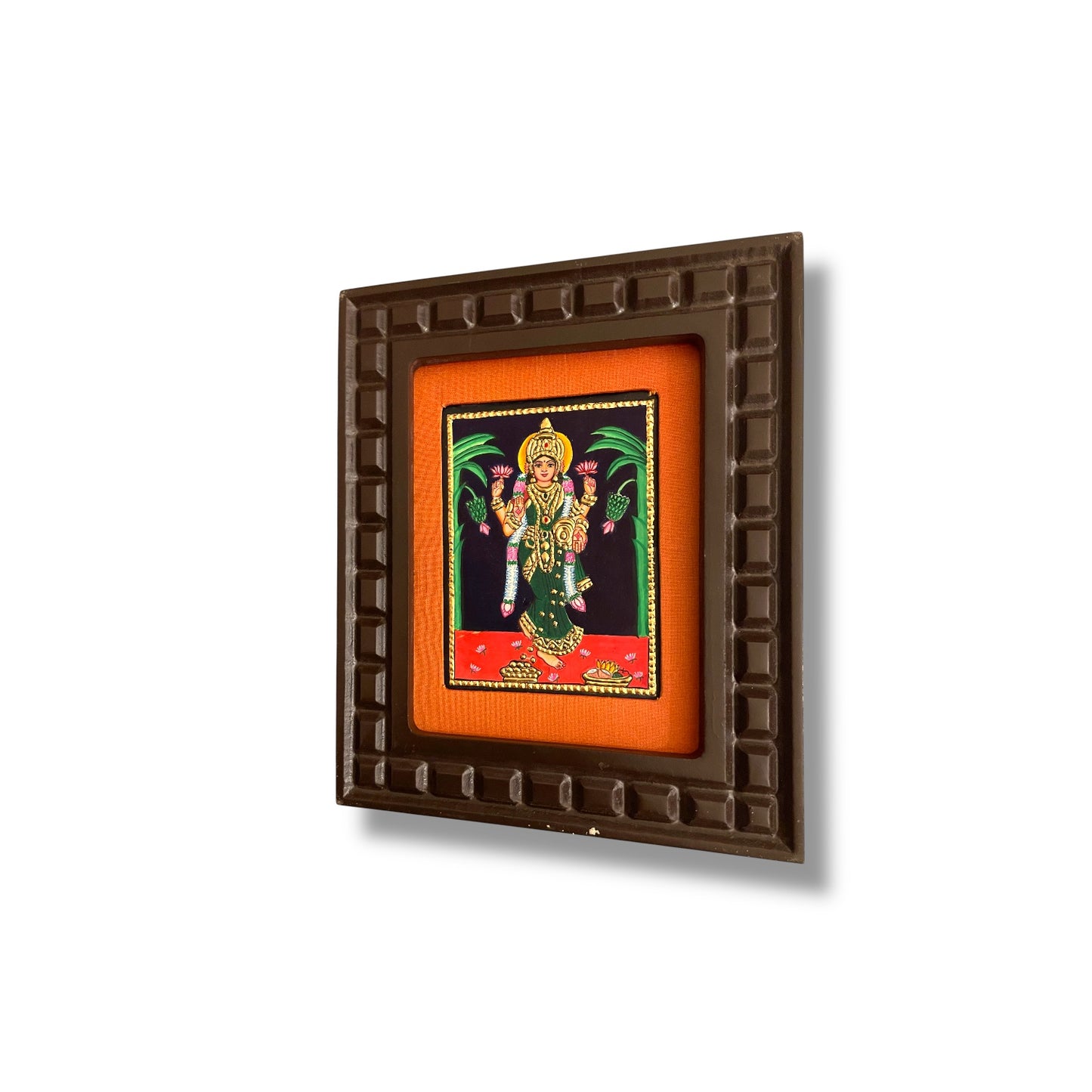 Goddess Lakshmi Tanjore Painting with Red, Indigo Blue, Orange, Rama Green and White Accents