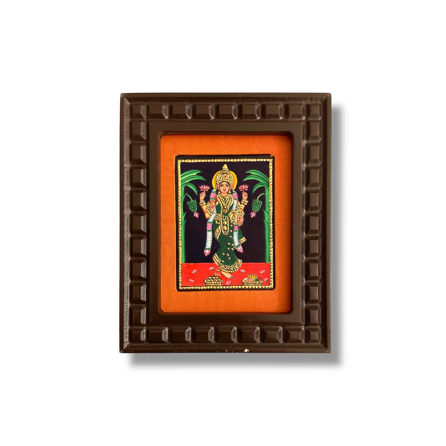 Goddess Lakshmi Tanjore Painting with Red, Indigo Blue, Orange, Rama Green and White Accents