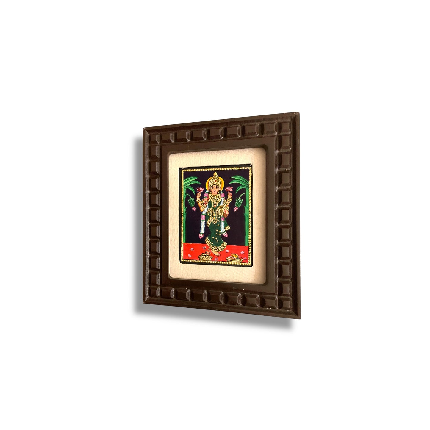 Goddess Lakshmi Tanjore Painting with Red, Indigo Blue, Orange, Rama Green and White Accents