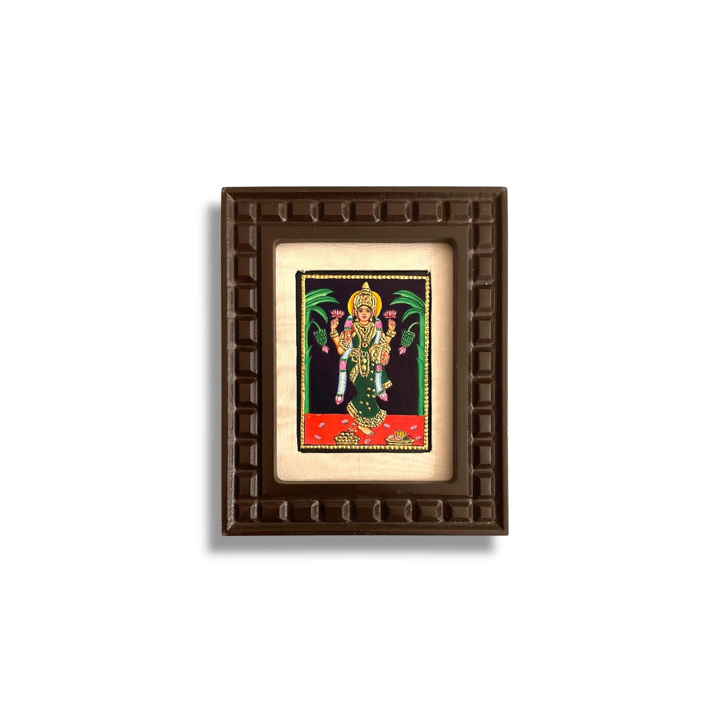Goddess Lakshmi Tanjore Painting with Red, Indigo Blue, Orange, Rama Green and White Accents