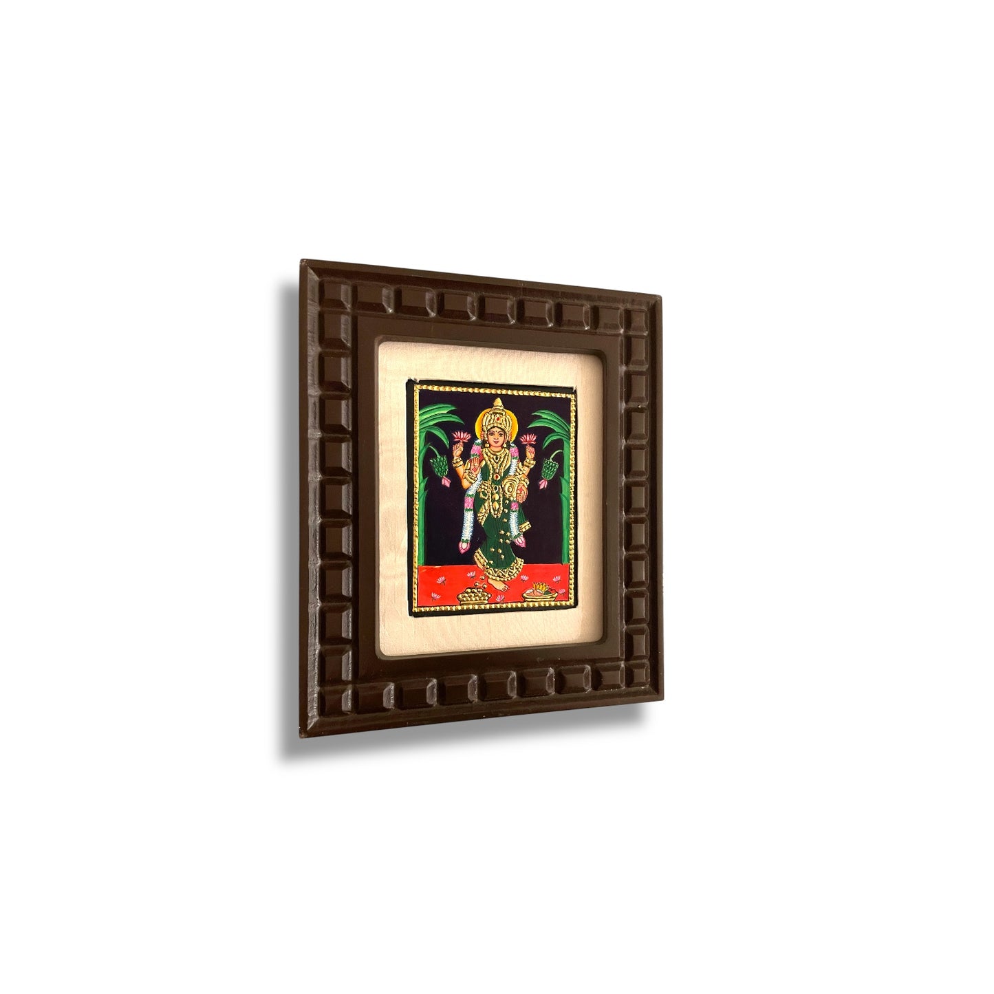 Goddess Lakshmi Tanjore Painting with Red, Indigo Blue, Orange, Rama Green and White Accents